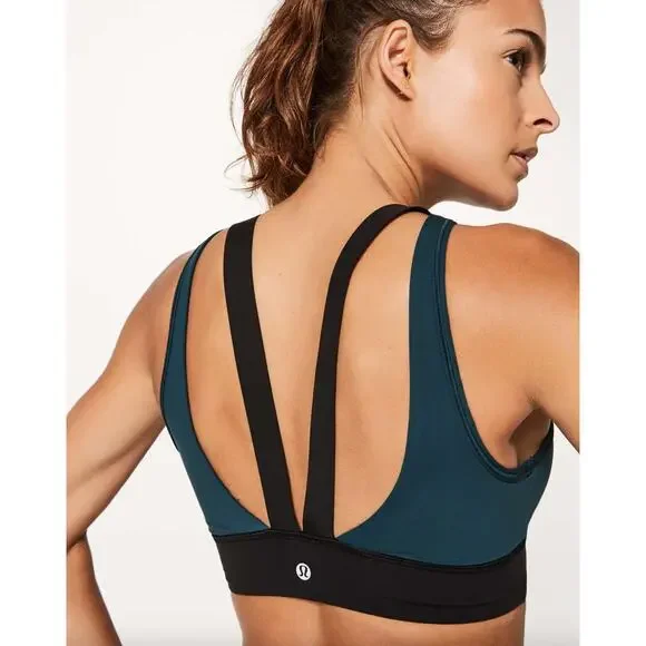 Lululemon Run The Day Bra Submarine Black Nulux Deep V Back Mesh Panel Size 10‎ - Picture 2 of 9